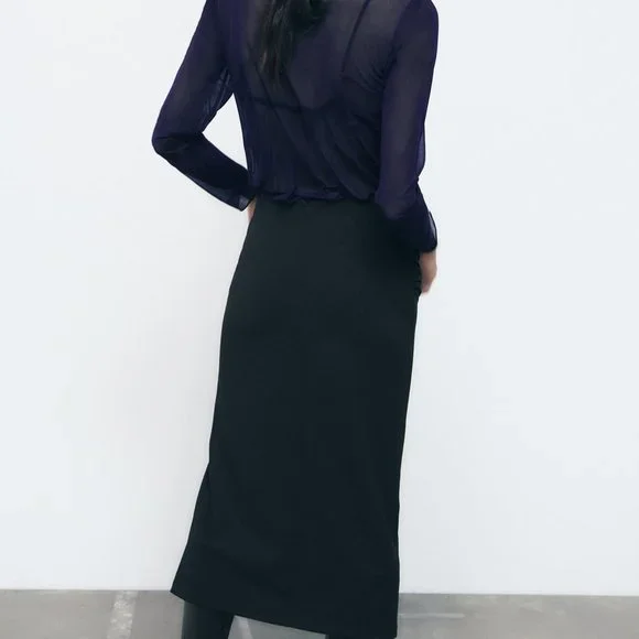 NWT ZARA RUCHED MIDI SKIRT BLACK - Picture 4 of 5